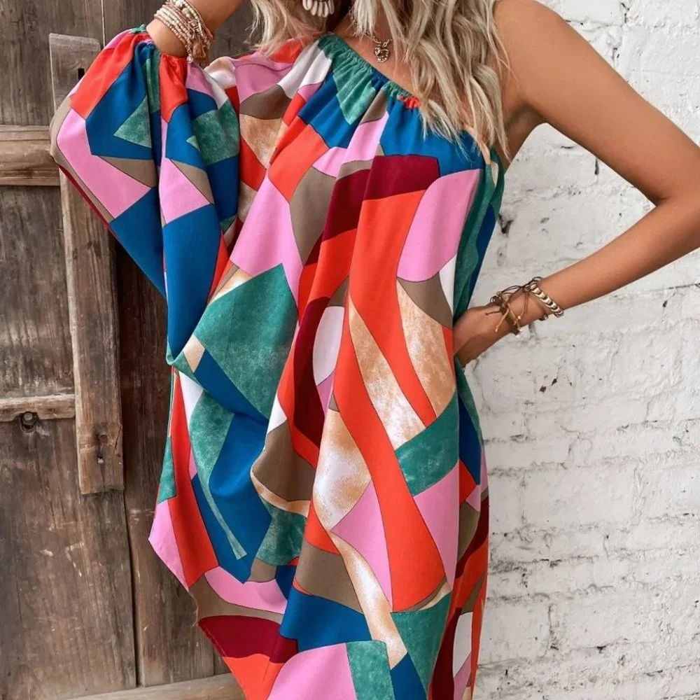 Contemporary Boho Geo Print Lantern Sleeve Asymmetrical Hem Dress - Picture 1 of 5